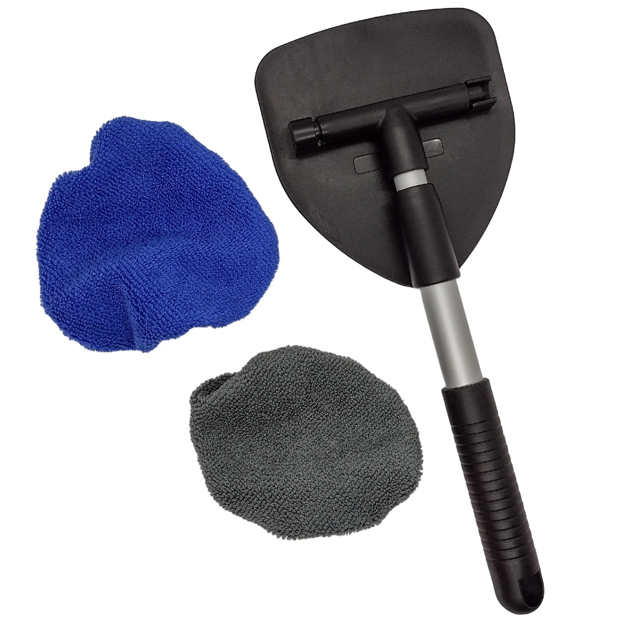 Car windshield cleaning tool with squeegee, blue, and grey microfiber cloths