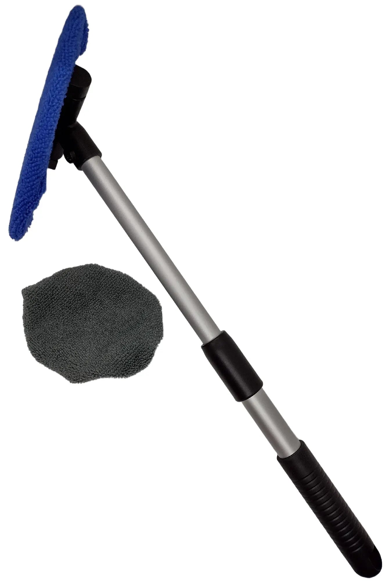 Telescopic cleaning tool with blue and gray microfiber cloths
