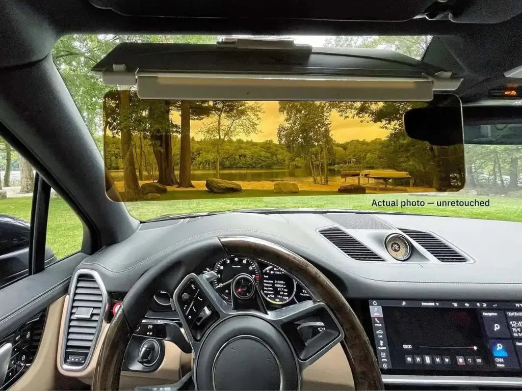 Driver view with ADDVISOR Plus positioned low to block sunlight at low angle for shorter drivers