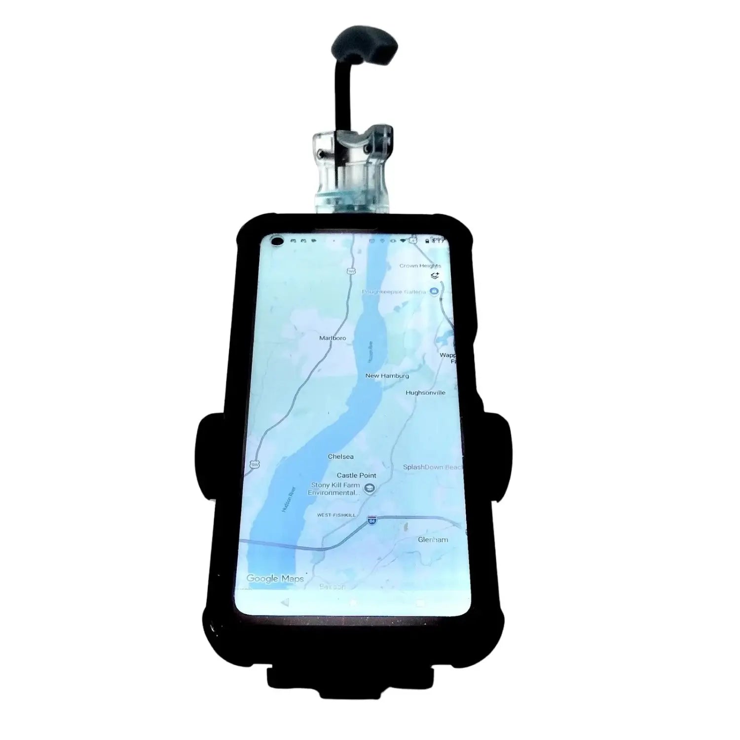 Front view of LOUNGE-IT 2 car phone holder holding smartphone securely in place showing map navigation