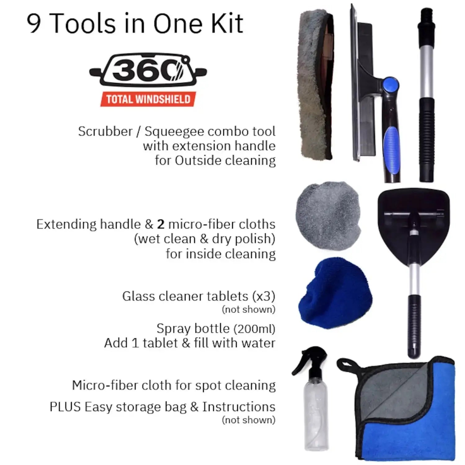 Complete 360 total windshield cleaning kit showing all included tools and accessories