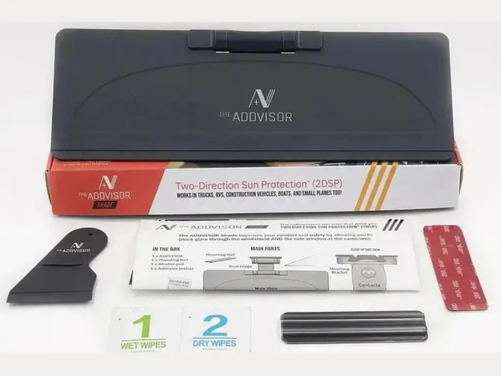 ADDVISOR packaging opened showing visor and included accessories