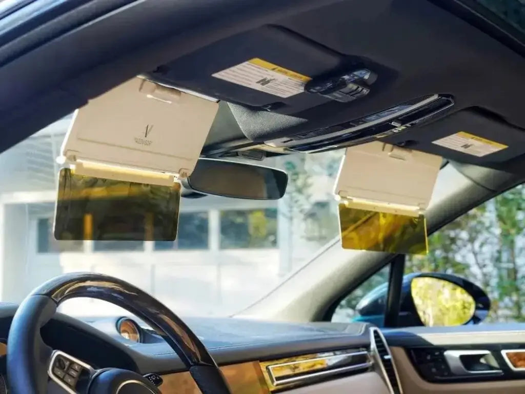 ADDVISOR Plus 2 direction sun protection ca pack installed with dual visors reducing sunlight glare inside car