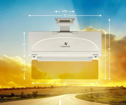 The ADDVISOR Plus dimensions: 13-inch wide main visor, 4.5 inches tall, with amber polarized tinted panel extended below