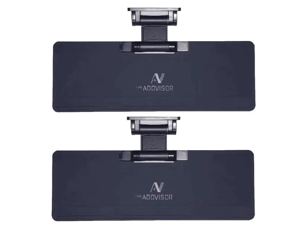 Two ADDVISOR sun visor attachments in dark color variation for glare reduction