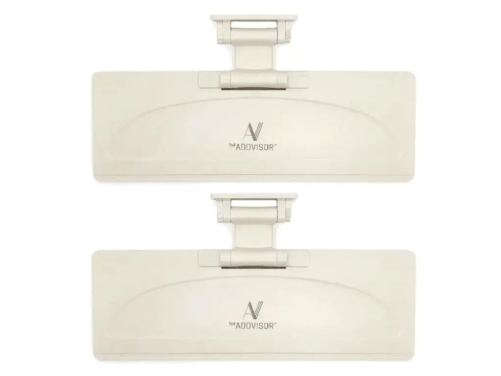 Two ADDVISOR sun visor attachments in light color variation for glare reduction